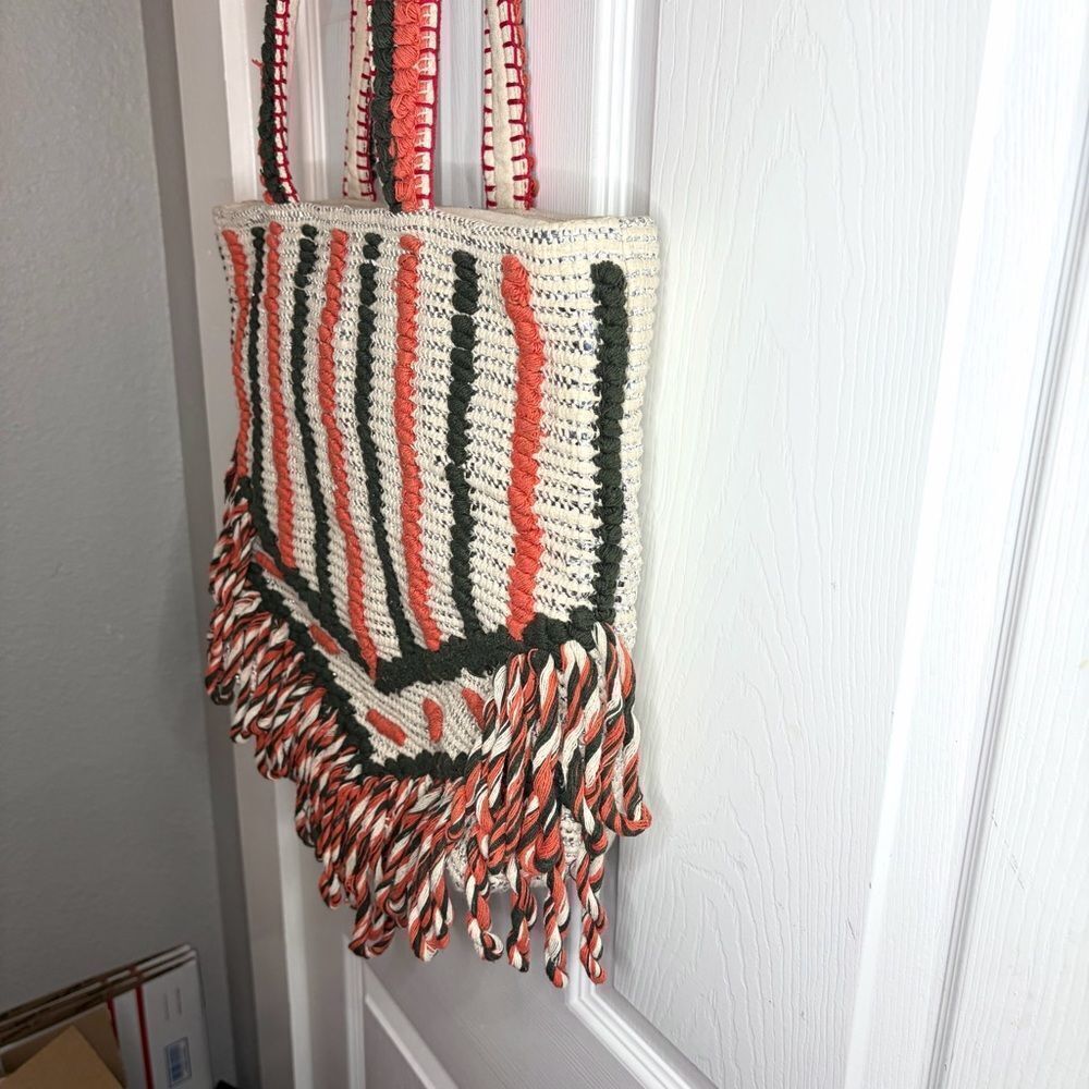 Lilla P Cotton Lurex Coral Cream Silver Metallic Stripe Crochet Beach Tote Bag L - Picture 6 of 13